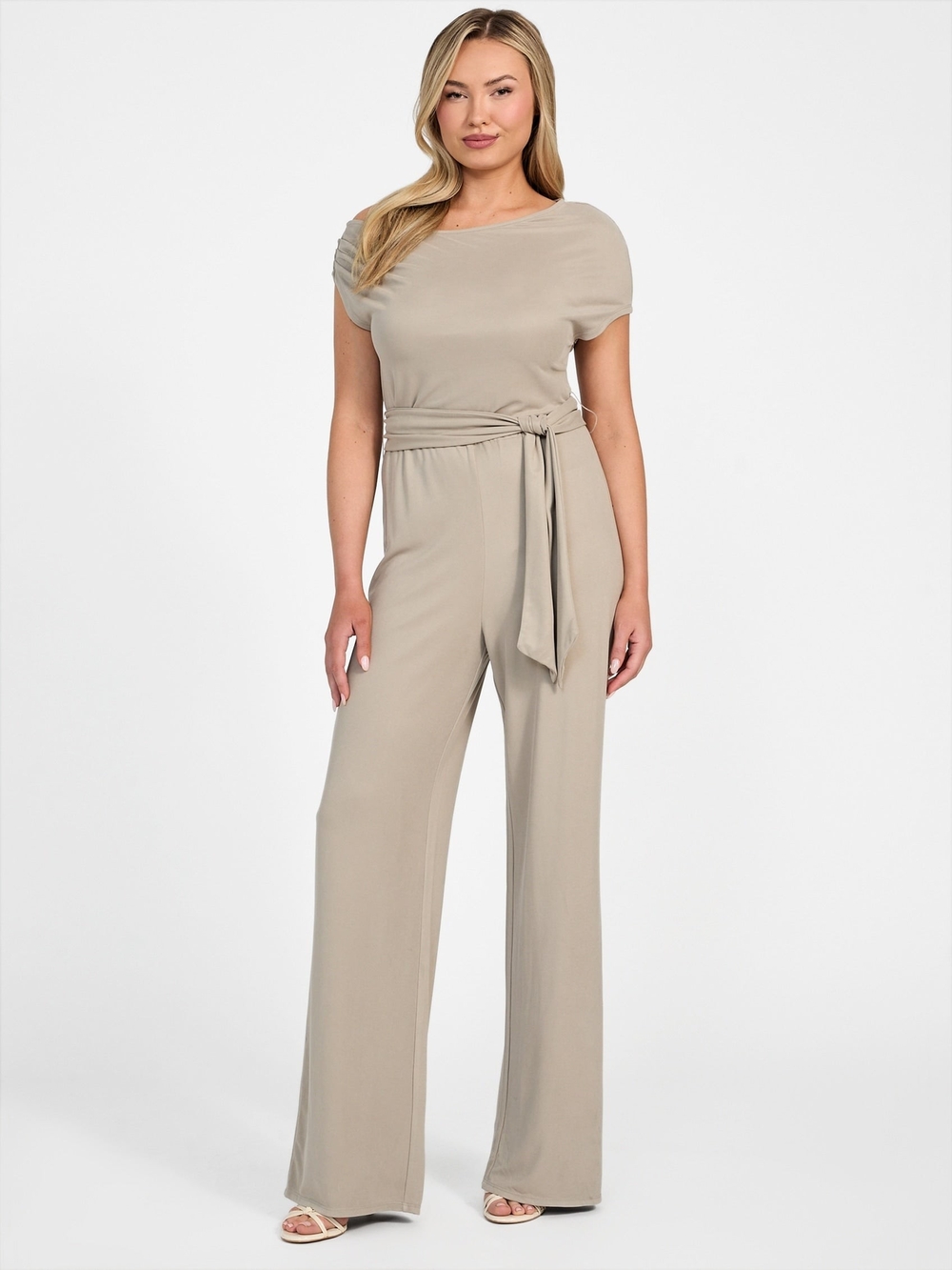 Guess Taupe Tie-Waist Wide-Leg Jumpsuit